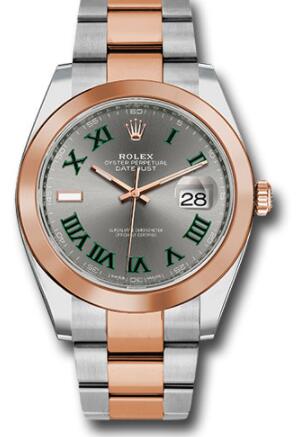 Replica Rolex Steel and Everose Gold Rolesor Datejust 41 Watch 126301 Smooth Bezel Slate Gray Green Roman Wimbledon Dial Oyster Bracelet